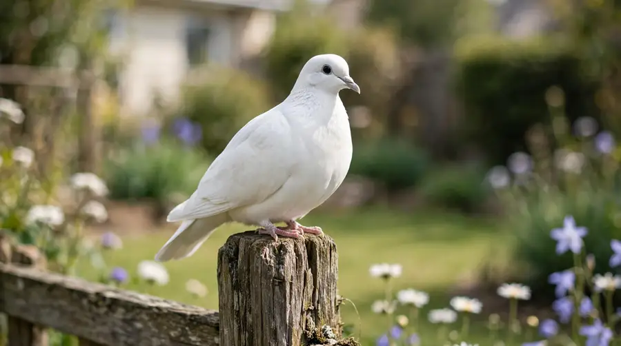 A pure white domestic dove perched conspicuously on a garden fence, typical of a lost release bird