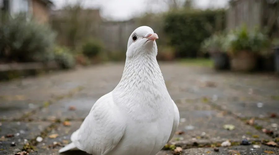 White domestic dove on a patio Pure white domestic dove standing on a patio looking up expectantly