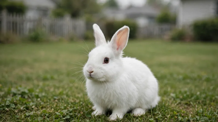 Pure white domestic rabbit sitting exposed on a green suburban lawn