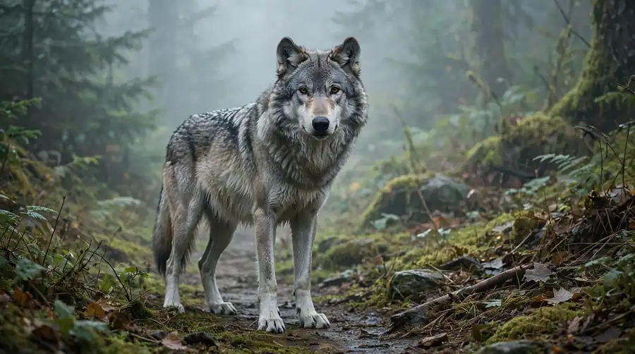 Grey wolf standing on a misty forest trail looking toward the viewer