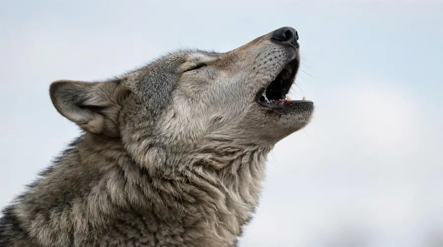 A wolf howling with its muzzle angled upward, a posture that projects sound across the landscape rather than at the sky