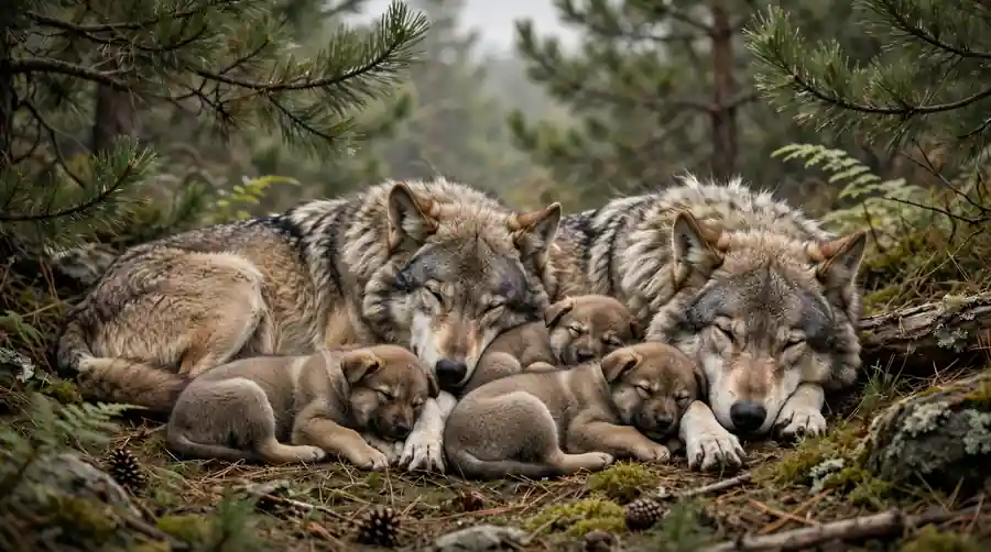 Wolf pack resting together showing adults and grown pups as a family group
