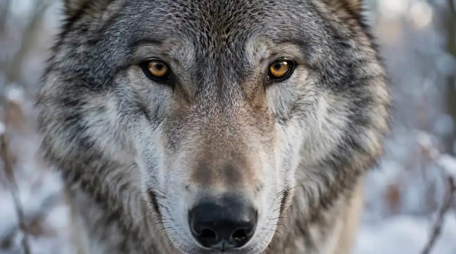 Close-up of a grey wolf's amber eyes staring directly ahead
